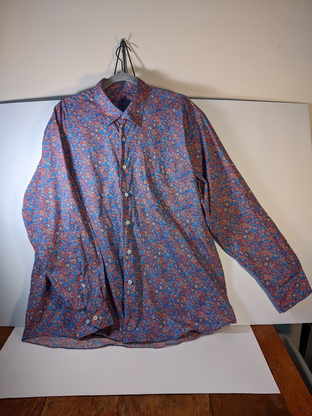 Men's Paisley Long-Sleeve Button-Down Shirt in Blue and Red. Size XL.